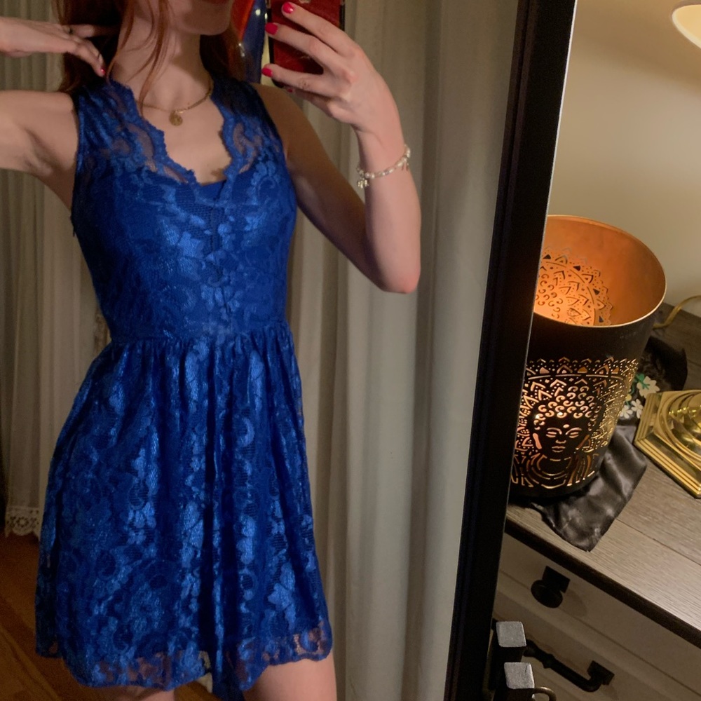 Blue lace dress.